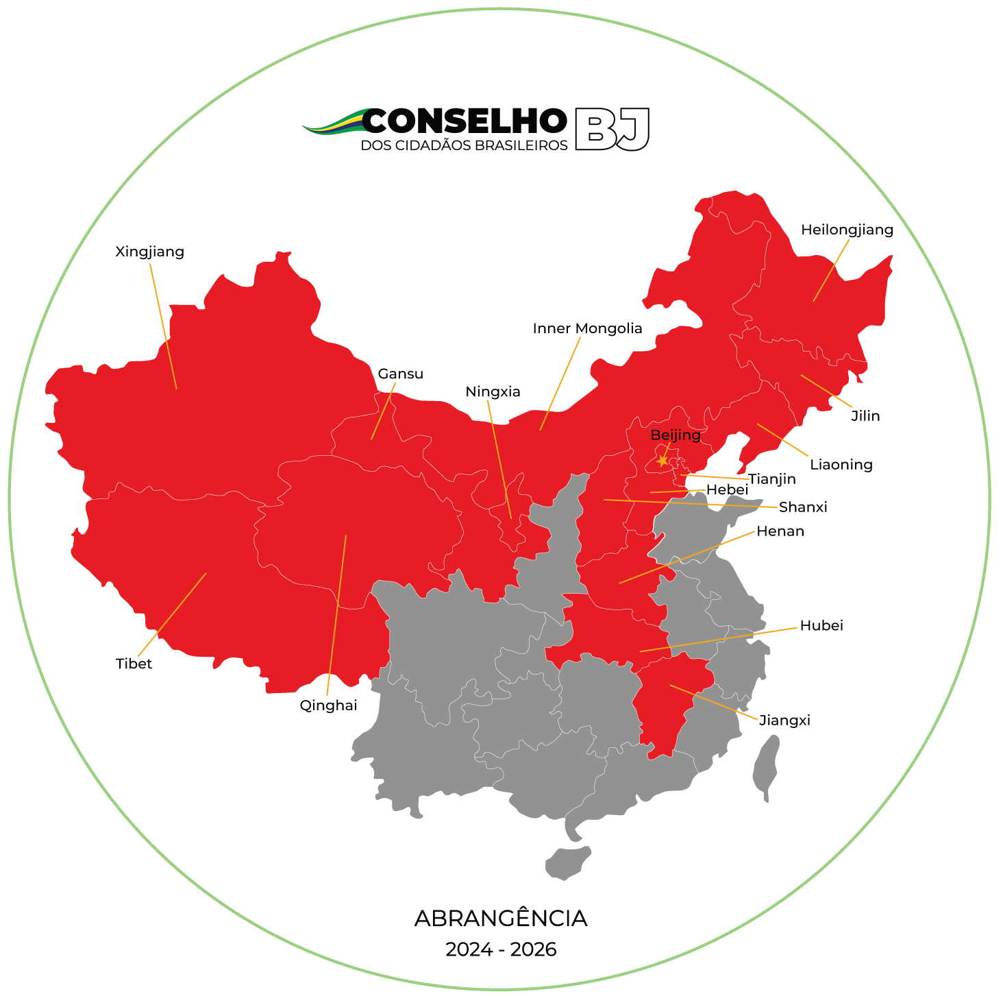 Mapa de atuação do Conselho dos Cidadãos Brasileiros de Beijing